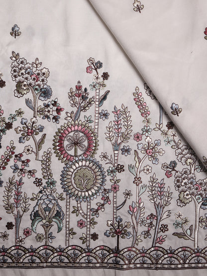 Delicate Garden-Inspired Multicolor Floral Embroidered Viscose Silk Fabric