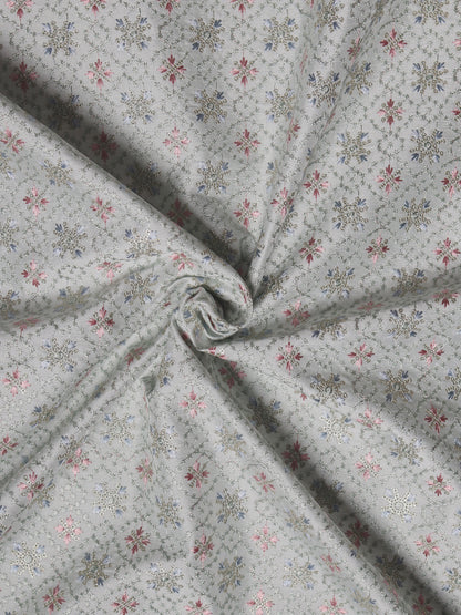 Elegant Light Teal Embroidered Fabric with Floral Medallion Motifs