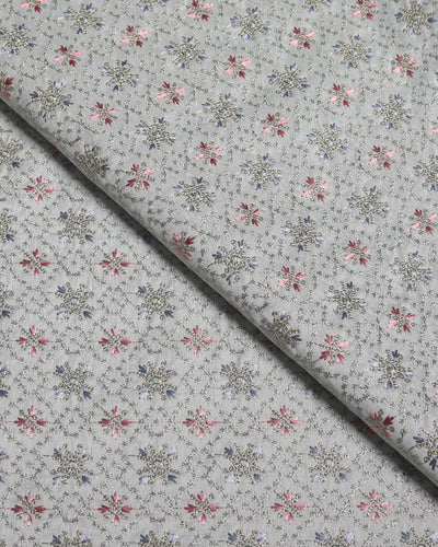 Elegant Light Teal Embroidered Fabric with Floral Medallion Motifs