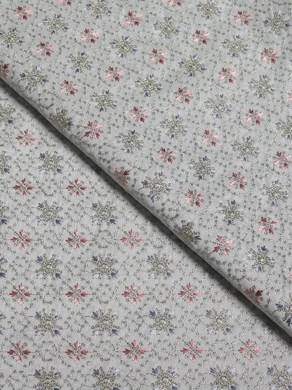 Elegant Light Teal Embroidered Fabric with Floral Medallion Motifs
