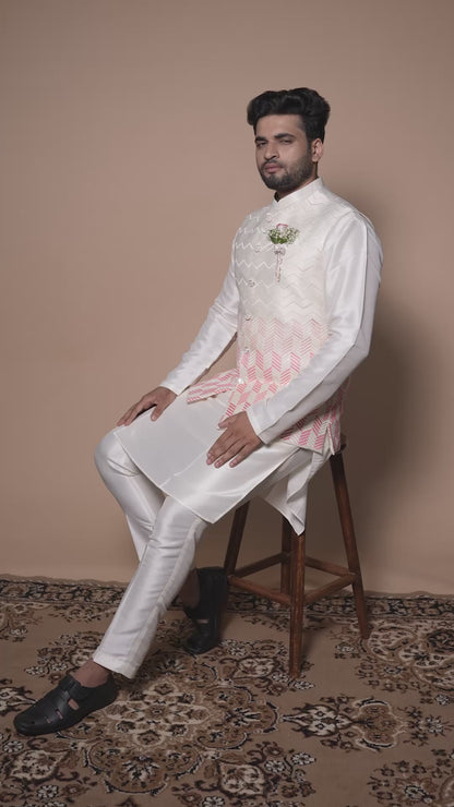 Cream with Red Zig-Zag Embroidery Silk Fabric